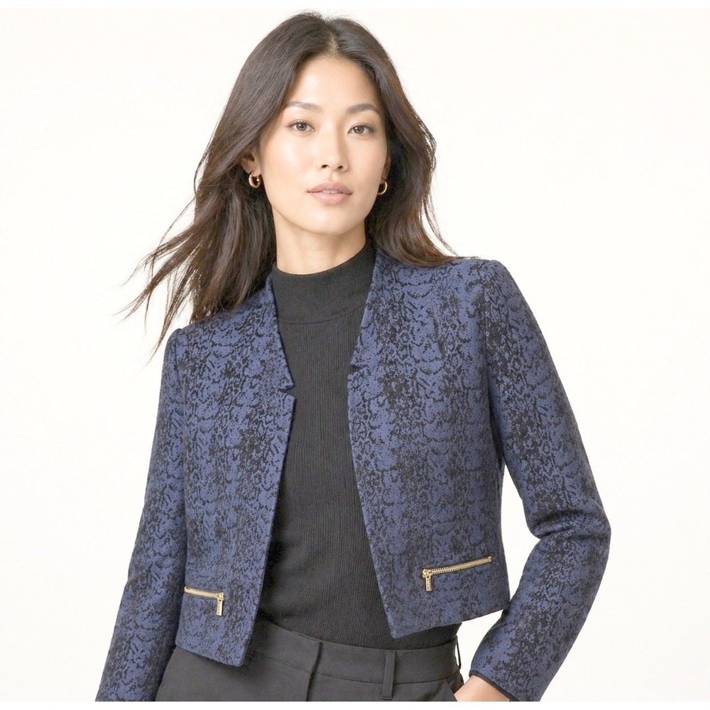 Calvin Klein Womens 8 Blazer Jacket Navy Black Animal Print Cropped Gold Zipper